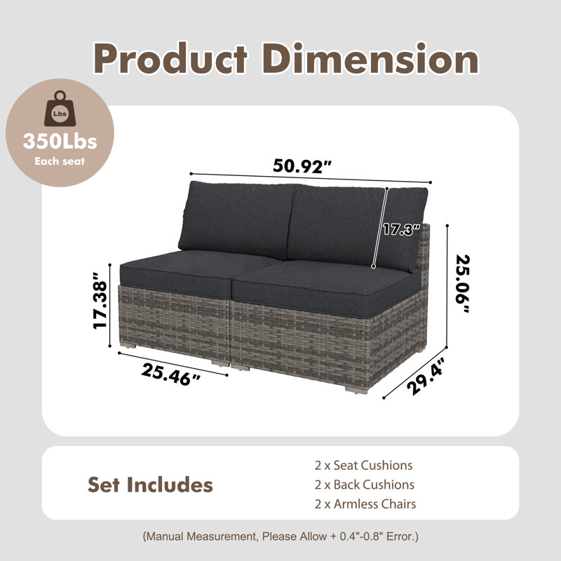 Chappotin Outdoor Patio Sofa Wicker Modular Sectional Set With Cushions, Black