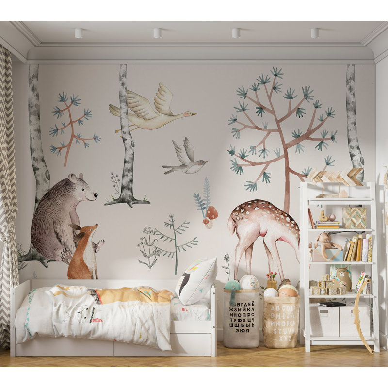 Adhésif mural pelez et collez les enfants - Aquarelle forêt avec des animaux, L 135 po x L 100 po