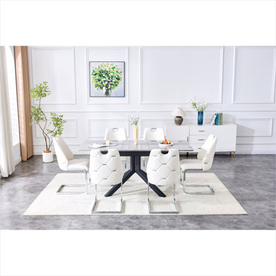 5-Piece Extendable Dining Set with 4 Faux Leather Chairs, Clean White MDF Table and Rivet-Back Metal Frame Seating for Modern Kitchens