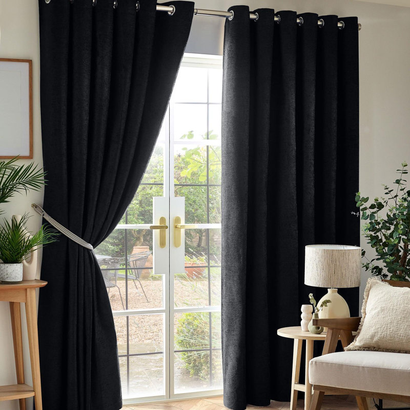 Eilfried Chenille Ring Top Eyelet Curtains, Black, 117cm Width x 183cm Drop