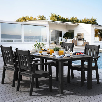 All Weather Rectangular HIPS Patio Dining Table Sets with Arm Chairs 5 Piece Outdoor Furniture Set with Umbrella Hole Modern Plastic Outdoor Dining Sets