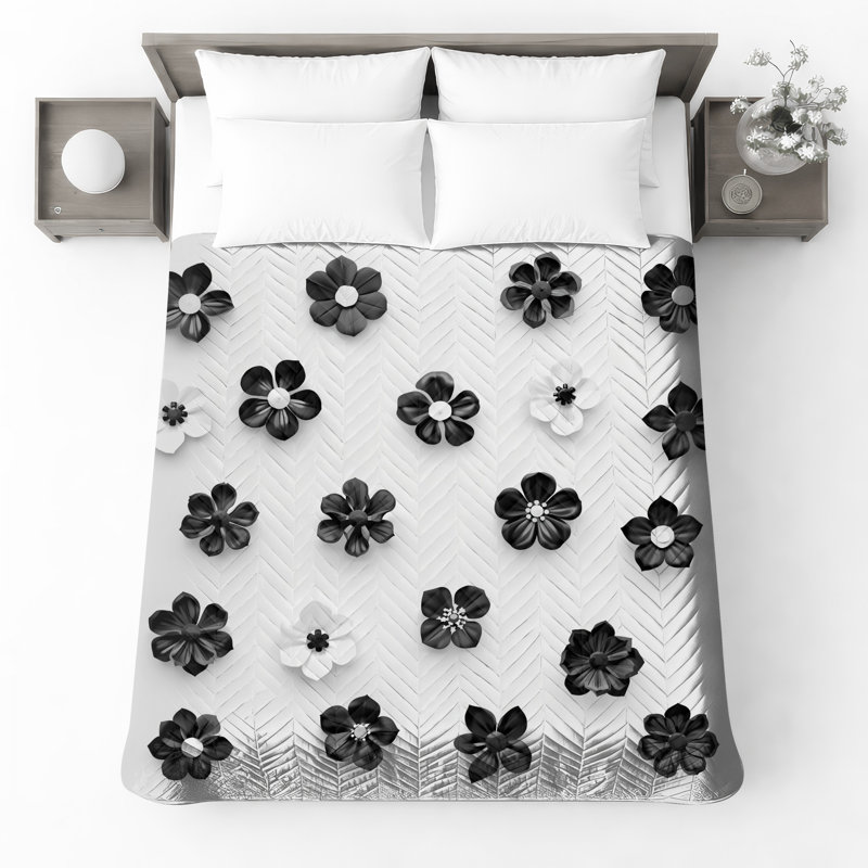 Black White Flowers Quilted Bedspread All Sizes, Queen
