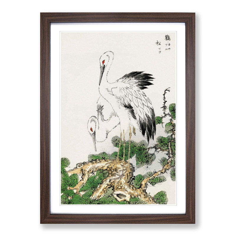 Two Japanese Storks by Numata Kashu - Picture Frame Painting Print on MDF, Walnut Framed, 48cm H x 36cm W x 2cm D