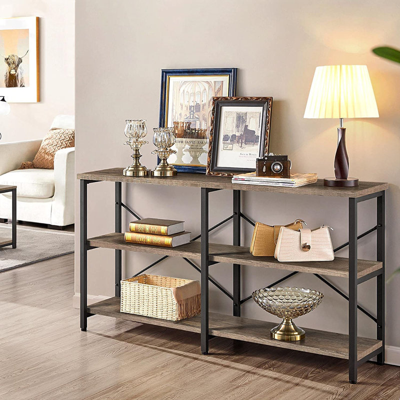Taupe Wood and Black Metal 3-Tier Industrial Console Table with Storage