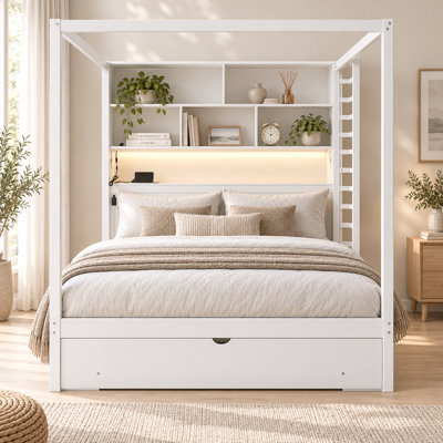 Lit plateforme Lumicubby Queen en bois avec baldaquin, tête de lit bibliothèque, ports de chargement USB, éclairage DEL RVB intelligent contrôlé par application, 6 compartiments de rangement sous le lit et grand tiroir.
