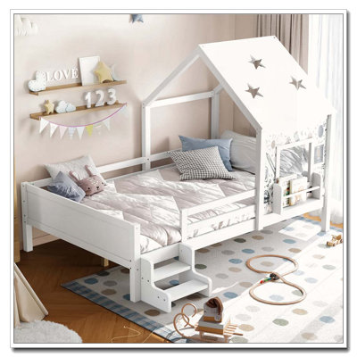 Full House Beds with Low-Profile Stairs and a Window,with a Bookcase, Blackboard Desig