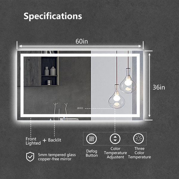 Aolaith Wall Mounted Rectangular Frameless Anti Fog LED Light Bathroom Mirror,Dimmable Vanity Mirror Wrought Studio Size: 36 H x 28 W