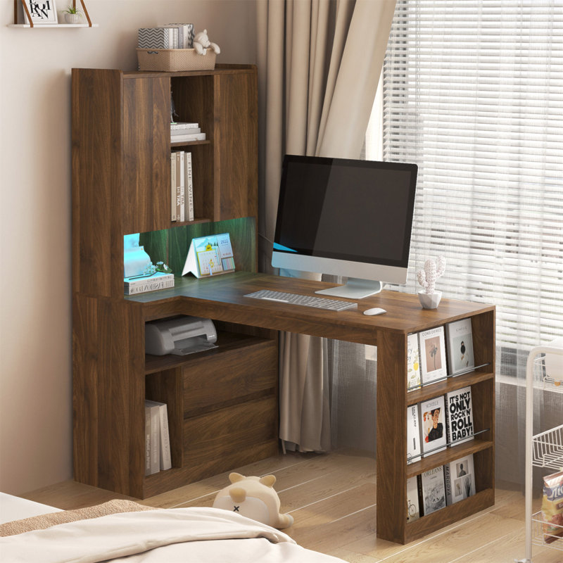 Bureau en L, bureau d'ordinateur avec tiroirs, bibliothèque, avec éclairage à DEL, bureau d'angle moderne, bureau à domicile, bureau d'écriture en L, bureau d'ordinateur de coin avec rangement