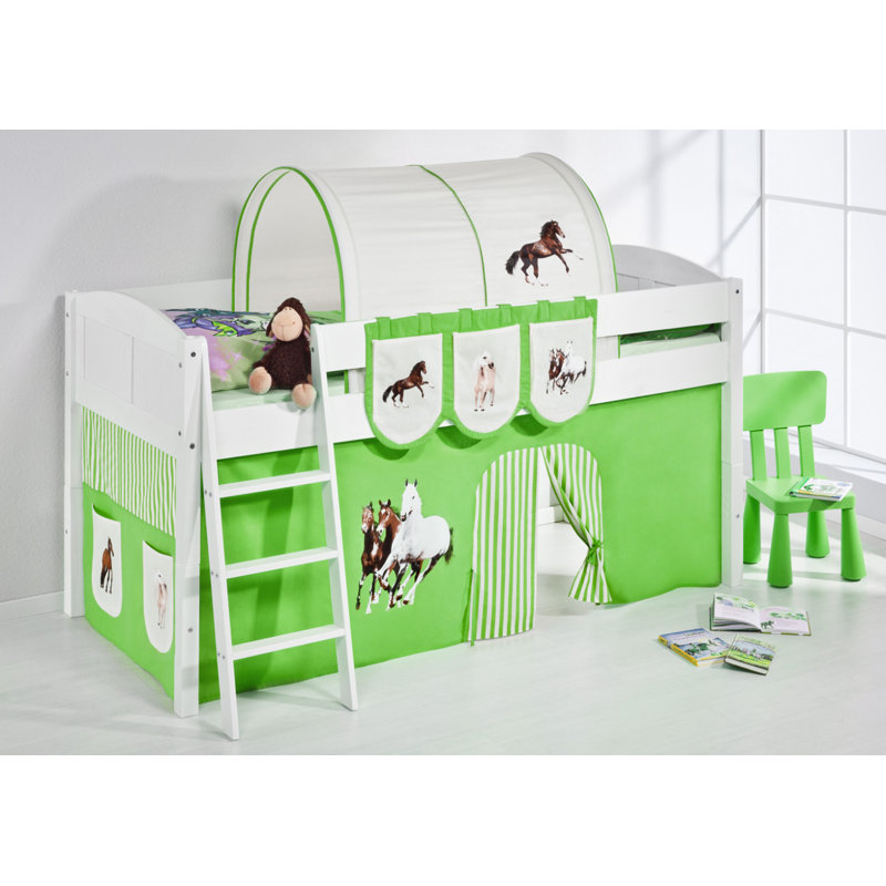 Pferde European Single (90 x 200cm) Mid Sleeper Bed with Curtain, Green / Beige