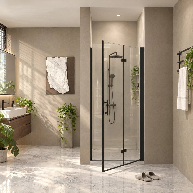 Porte de douche pliante sans cadre 30-31 po x H 72 po avec verre certifié Sgcc, Matte Black