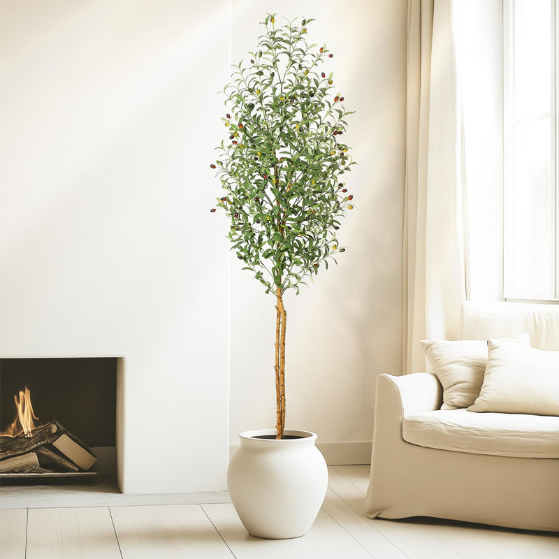 Olive artificielle en pot blanc - plante de plancher de 7 pi de hauteur avec 2 troncs en bois naturel pour le salon, la maison ou le bureau