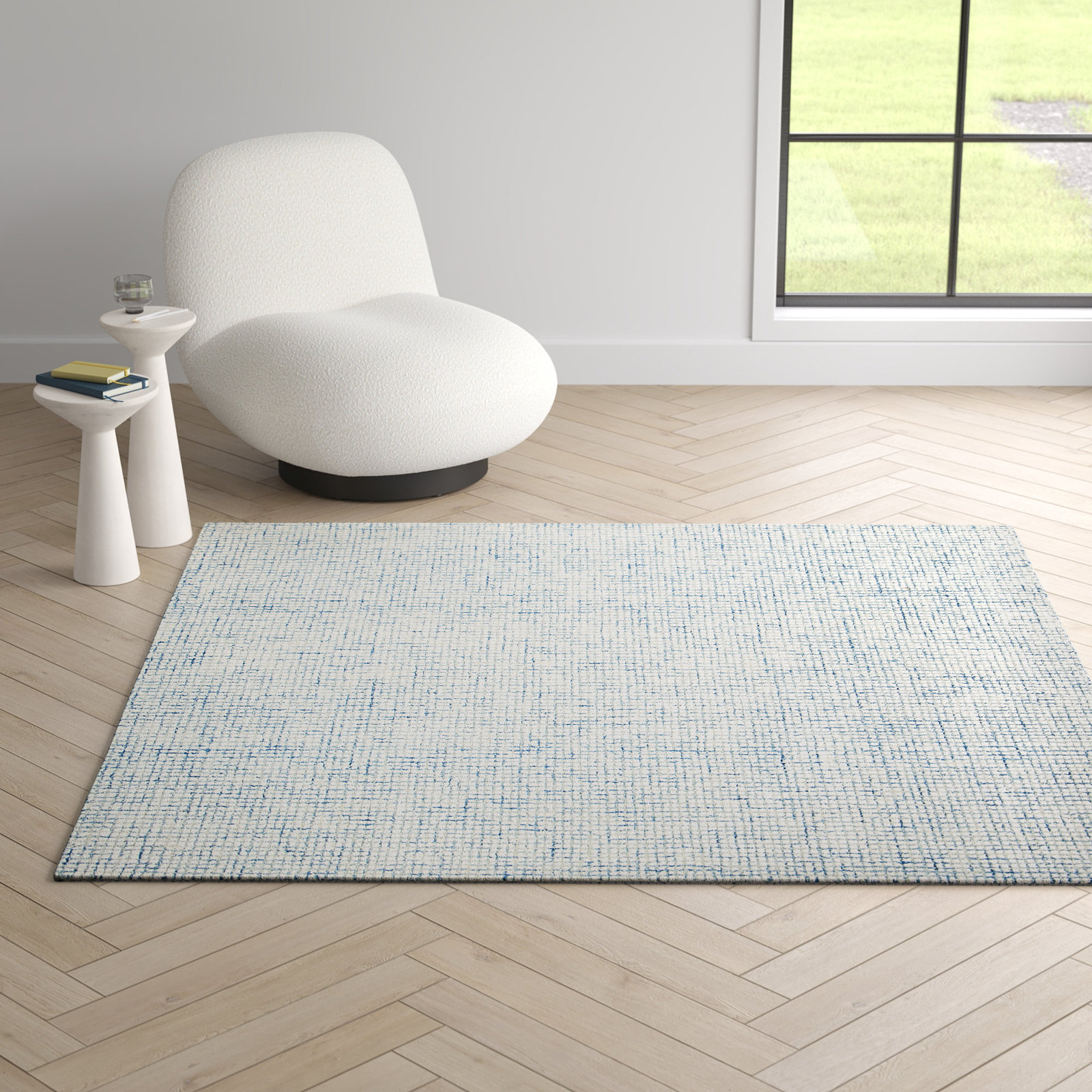 Rowe Ivory Blue Hand-Tufted Striped Rug, Rectangle 5' x 8'