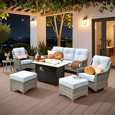 Outdoor 7 Piece Patio Furniture With Fire Pit Table,wicker Conversation Set With Single Chair,comfy Sectional Deep Sofa With Ottoman For Outside Porch Balcony Backyard Pool