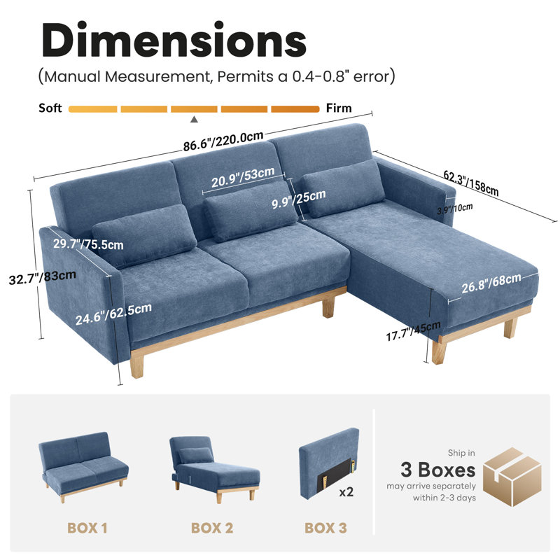 86.6'' 3-Level Adjustable Chenille Reversible L-Shaped Sectional, Chenille bleu