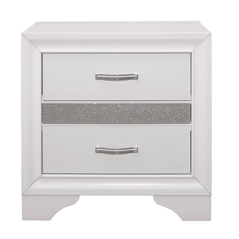 Table de chevet blanche avec tablette cachée - Finition pailletée argentée chic, paillettes, rangement, Blanc