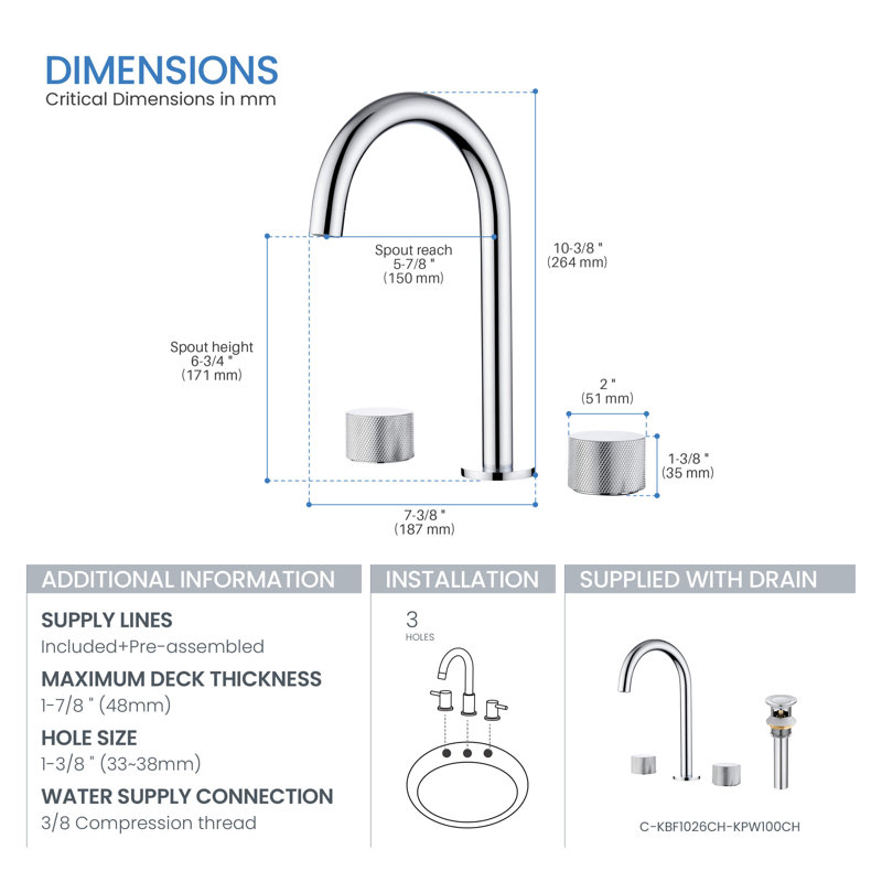 Robinet de salle de bain circulaire encastré à 3 trous et 2 poignées avec ensemble de drain circulaire X, Chrome chrome