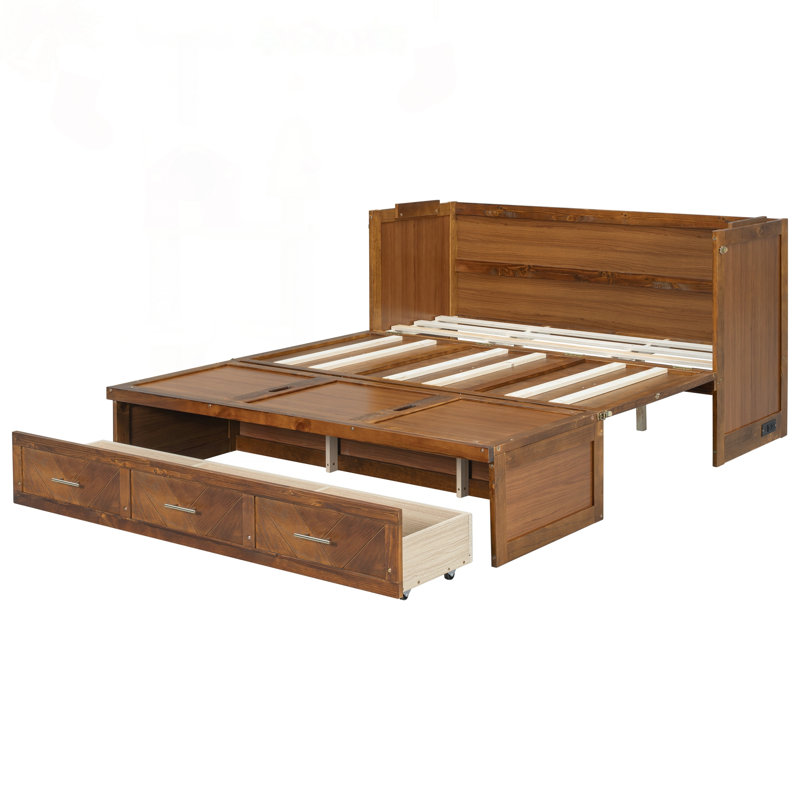 Grand lit escamotable avec chargement USB, panneaux géométriques et tiroir spacieux pour une vie moderne et compacte, finition noyer
