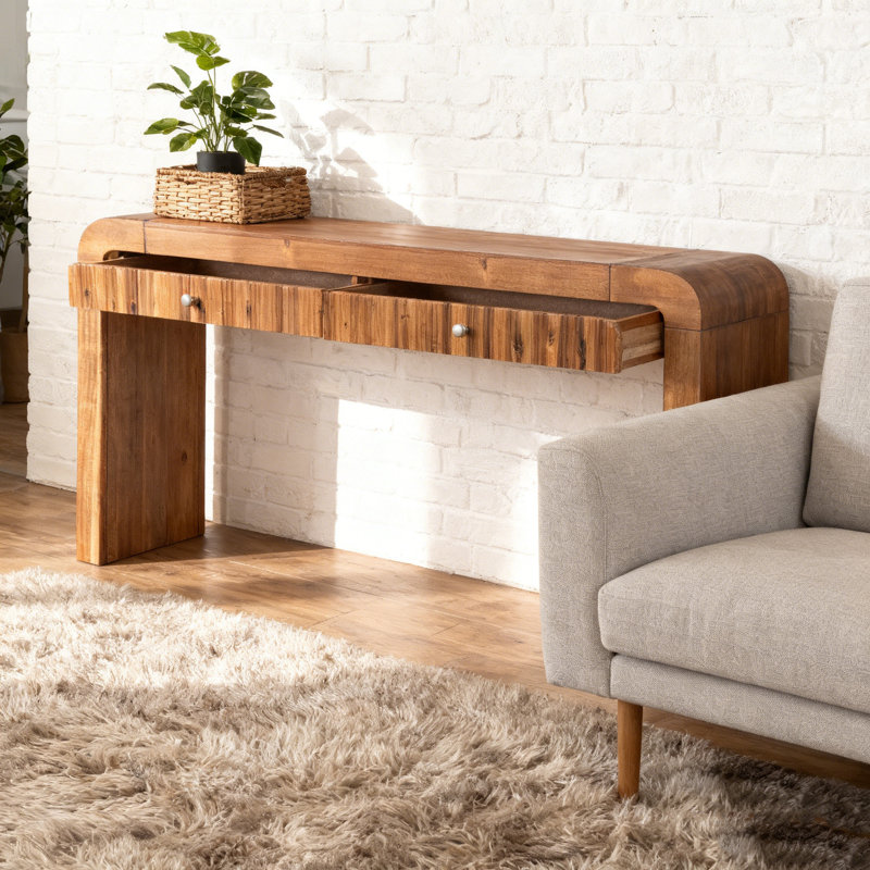 Console rustique avec façade de tiroir cannelée, table d'entrée avec coins incurvés et pieds épais, table de canapé robuste pour le couloir et le salon