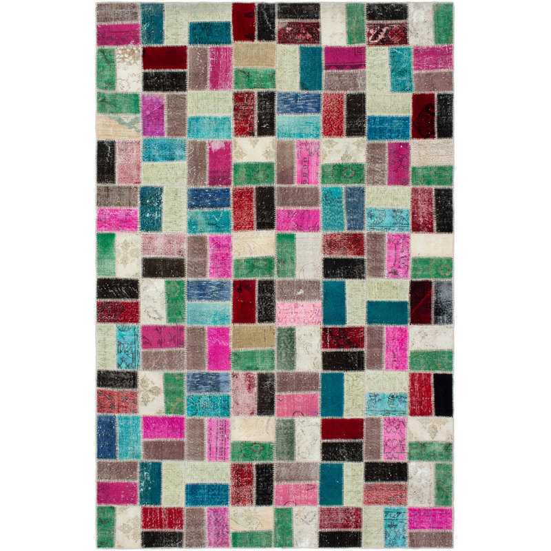 Tapis unique en laine noué à la main patchwork des années 2010 de 6 pi 9 po x 10 pi 5 po rose foncé / bleu sarcelle Kamill