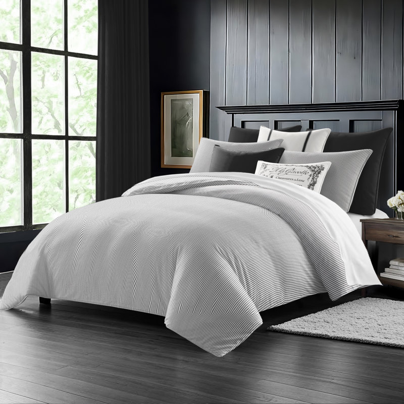 Jaxon Stripe Reversible Cotton Comforter Set, Cal.King Comforter + 2 King Shams, Ebony