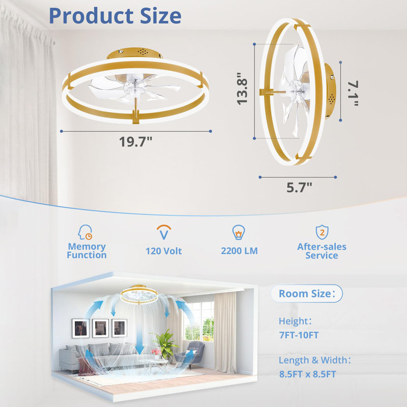 19.7 inch Low Profile Ceiling Fans with Lights and Remote, Gold