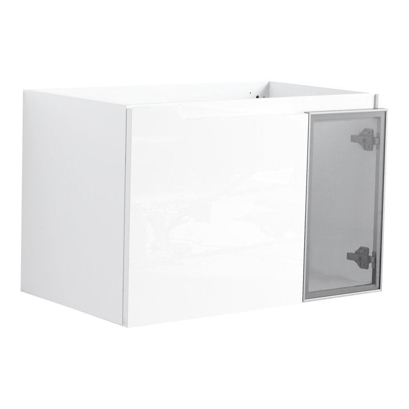 Meuble-lavabo de 30 po avec 2 portes à fermeture en douceur, armoire blanche brillante, demi-porte en verre gris, matériau en contreplaqué, conception flottante, assemblage facile avec double finition, base, look contemporain,