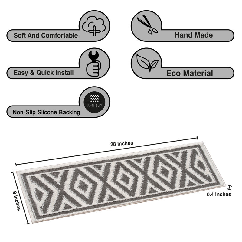 Sofihas White/Gray Diamond Shag Stair Rugs - Machine Washable with Non-Slip Rubber Backing, 15 Pack