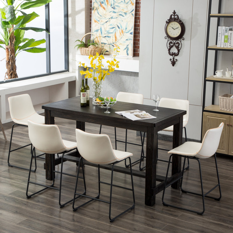 Industrial Counter Height Dining Set, Weathered Wood Table & PU Leather Chairs, Metal Frame, White, 7