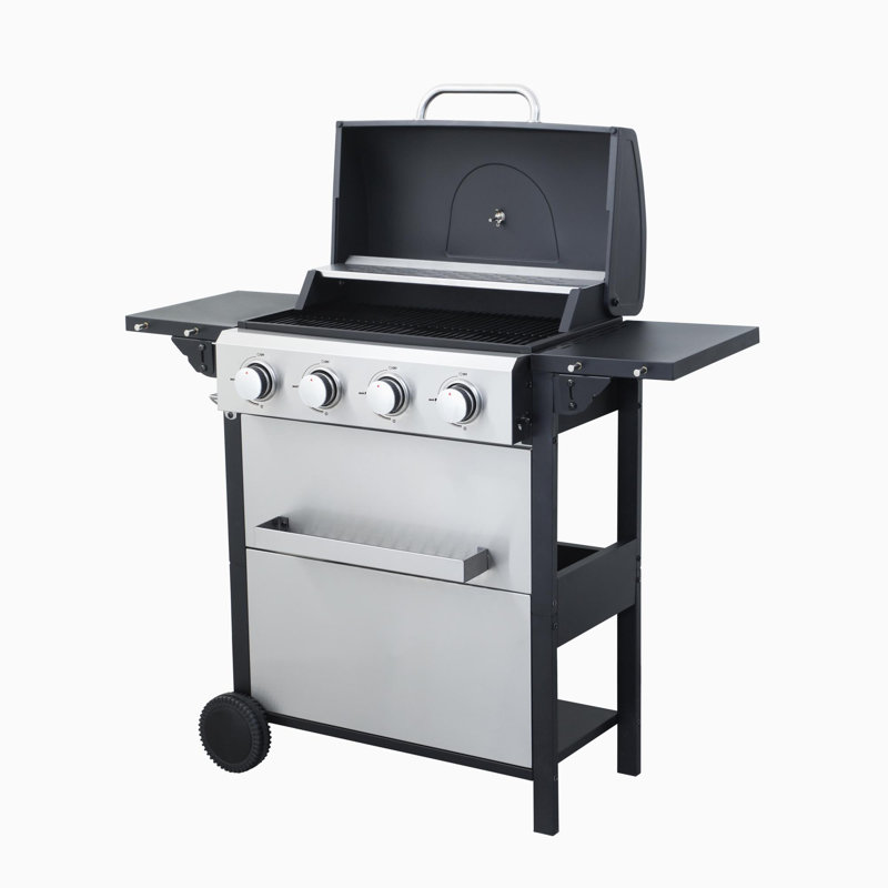 Barbecue au gaz propane à 4 brûleurs, sortie 34200BTU avec grilles de cuisson en émail pour barbecue, table d'appoint pliable, panier suspendu, acier inoxydable