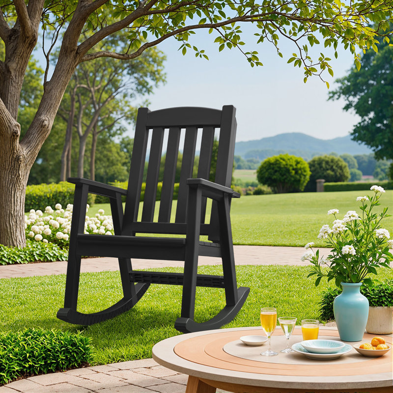 Chaise berçante d'extérieur en plastique pour terrasse, patio et balcon, Noir, noir, noir, noir