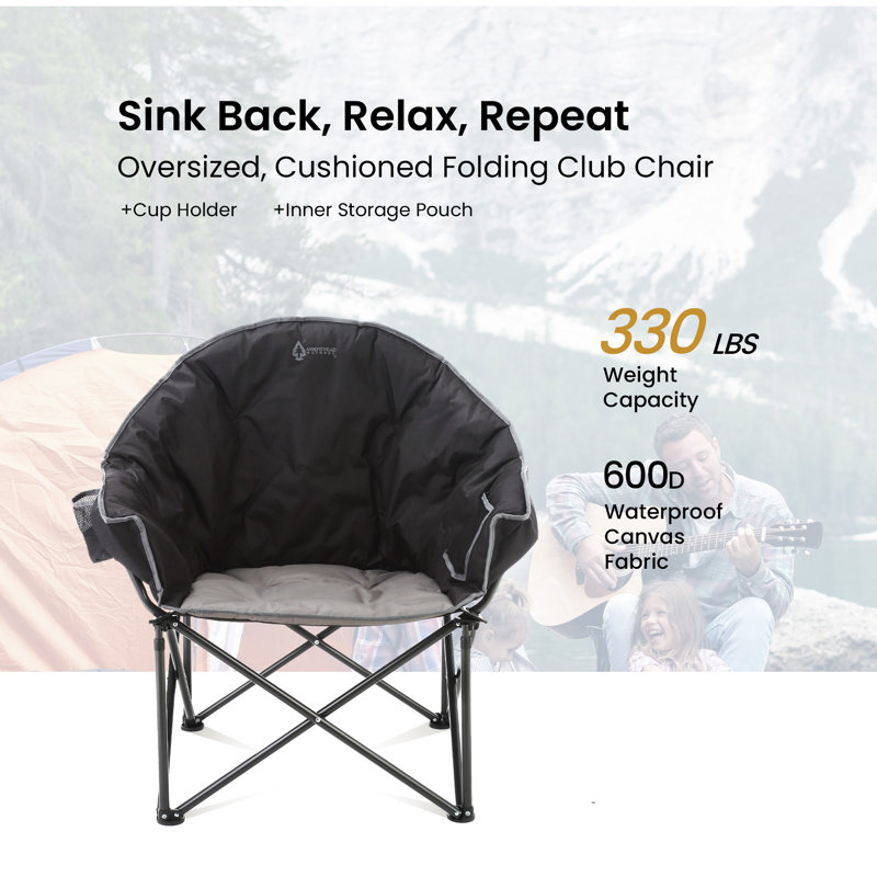 Oversized Charcoal Black Padded Folding Camping Chair with Cup Holder