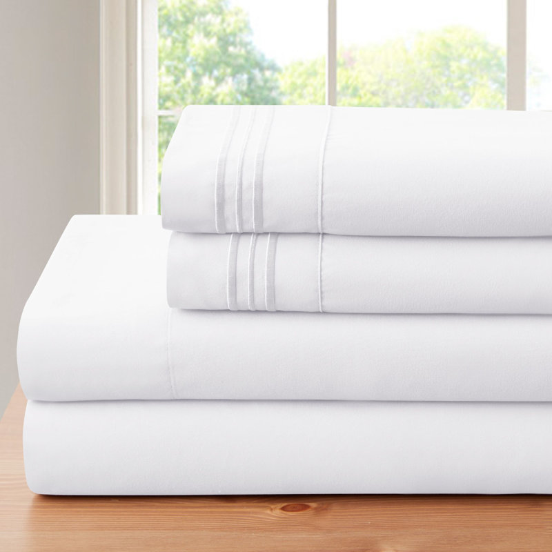 Twin White Bamboo Microfiber Embroidered Sheet Set