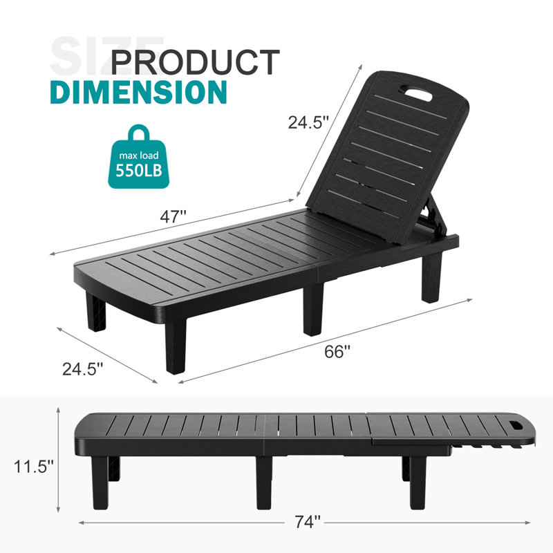 Chaises longues surdimensionnées en résine de 74 po avec dossier réglable à 5 niveaux et porte-gobelet pour piscine, patio, plage, cour (2 pièces)
