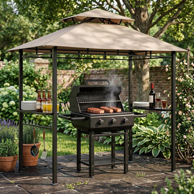 8'x5' BBQ Grill Gazebo with Double Roof – Side Shelves & Tool Hooks, Weather-Resistant for Backyard
