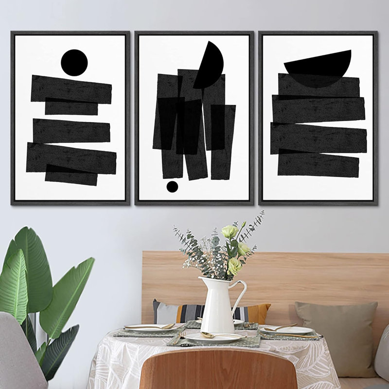 «Cercles et lignes unies, formes abstraites, art moderne contemporain, noir et blanc, art dramatique» - 3 pièces