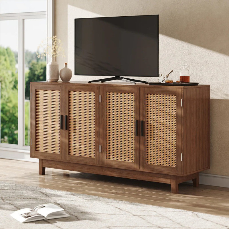 57.7''W Modern 4 Door Wood Rattan Buffet Sideboard Storage Cabinet, Walnut