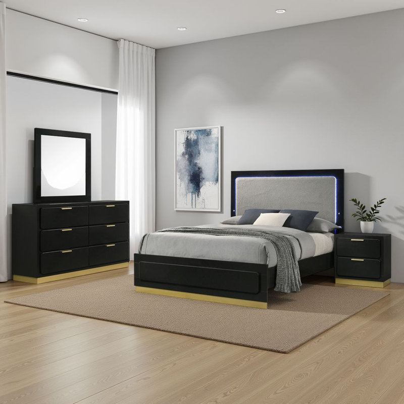 Ensemble de chambre à coucher 4 pièces Caer, Queen, Noir / or / gris clair