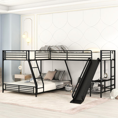 Black L-Shaped Bunk Bed With Built-In Desk And Delightful Elements - Metal For Family Moments Fun Slide Enjoyment