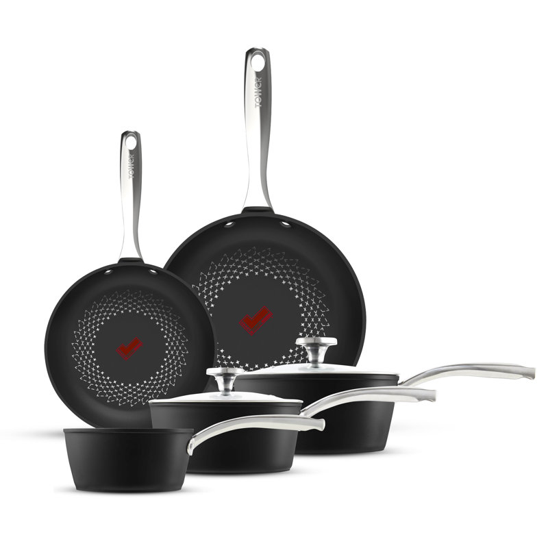 Tower T900304 SmartStart Ultra Forged 5 Piece Cookware Set with 18cm Milk Pan, 20cm & 22cm Saucepans with Tempered Glass Lids, 20cm & 24cm Frying Pans, Induction Compatible