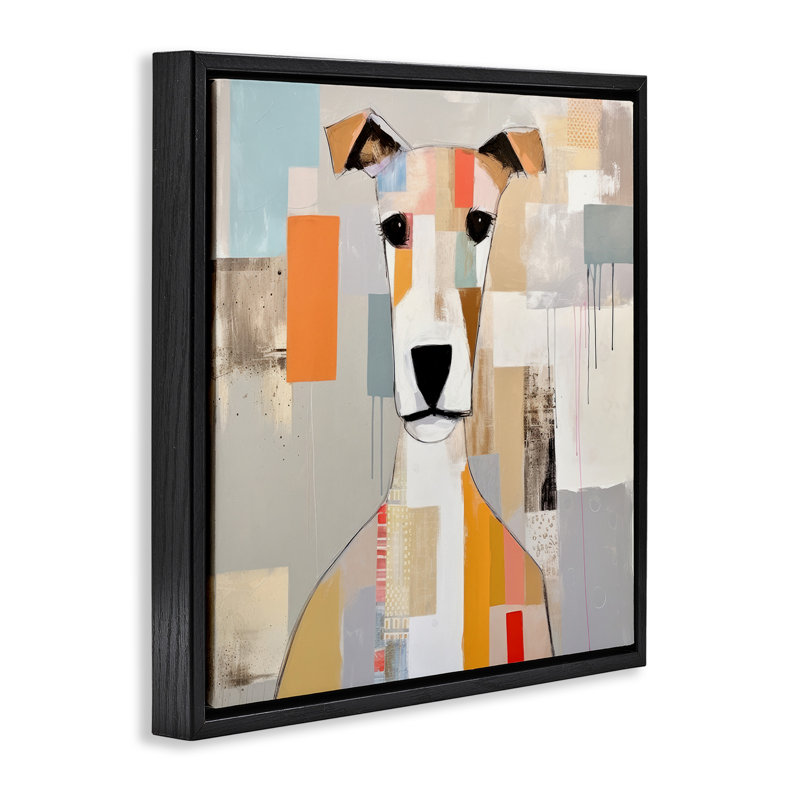 Collage abstrait de visage de chien, H 18 po x l 18 po, Cadre flottant noir de jais