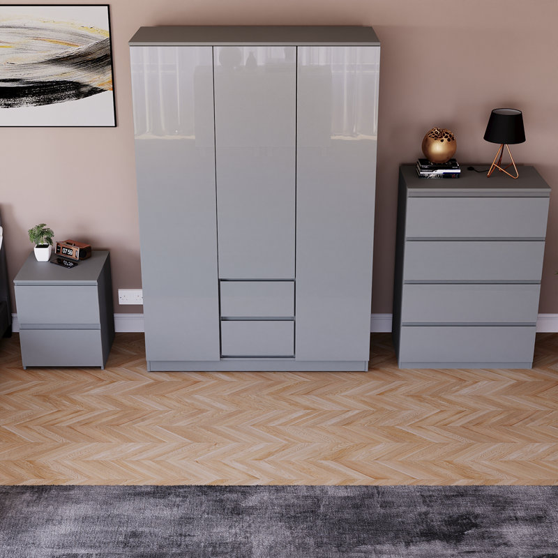 Oslo 3 Piece Bedroom Set (2 Drawer Bedside Chest, 4 Drawer Chest, 3 Door 2 Drawer Wardrobe), (100% FSC), Grey