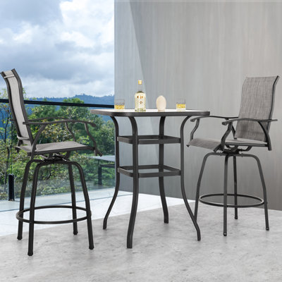 3 Pcs Patio Bar Set, Outdoor Tempered Glass Square Bar Table And Textilene Swivel Bar Stools With High Backrest, Bar Height Outdoor Table And Chairs F