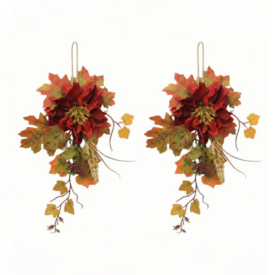 Set Of 2 Artificial Fall Door Swags With Maple Leaves, Dahlia And Pumpkins, Autumn Thanksgiving Wall Decor