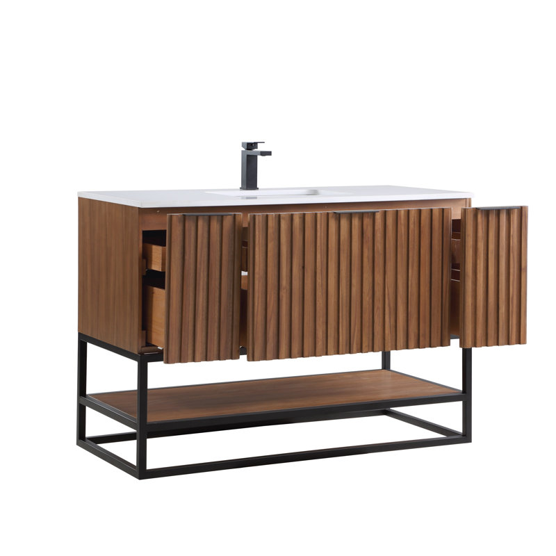 Terra 48'' Single Bathroom Vanity with Top, White Quartz/Single Faucet Mount, Walnut, Matte Black