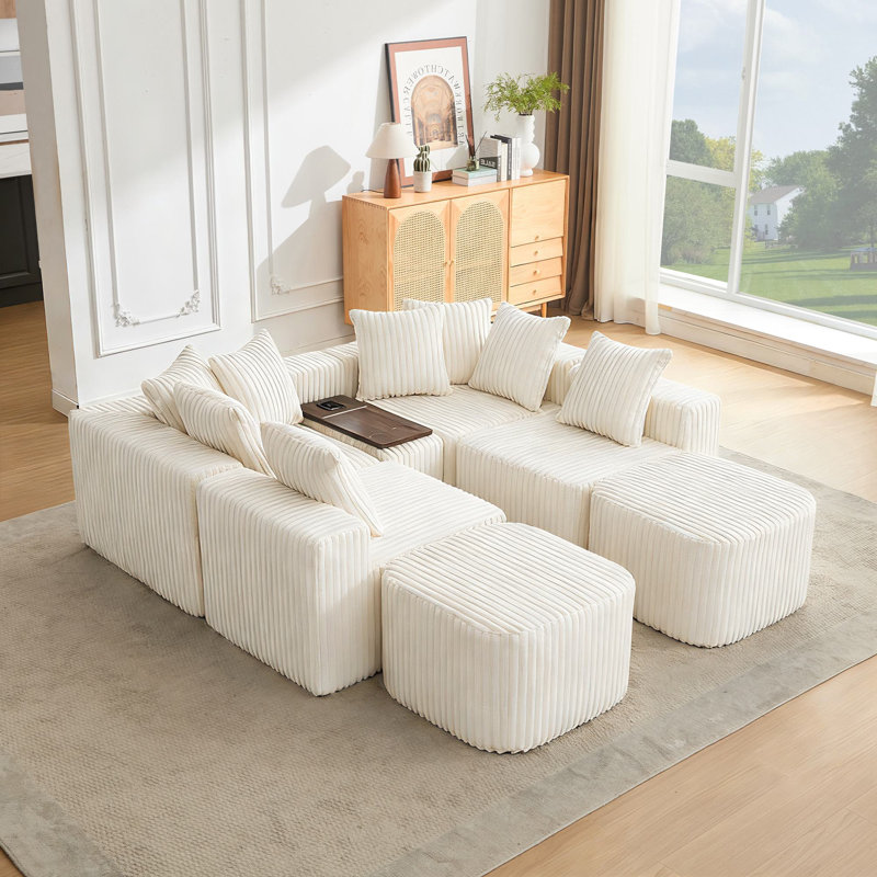 137.5" Modular Corduroy U Shaped Sofa, Beige Corduroy
