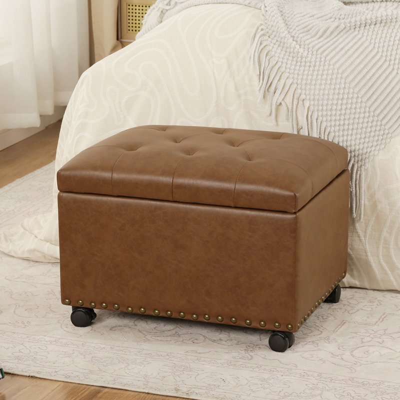 Repose-pieds rectangulaire en similicuir avec roulettes, Marron clair