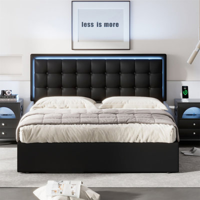 Queen Size Tufted Upholstered Platform Bed With Hydraulic Storage System,PU Storage Bed With LED Lights -  STYLISH, OKKK612-HL000062AAB