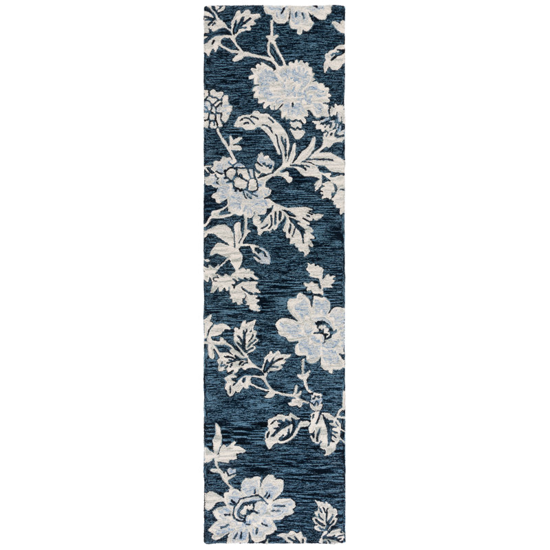 Tapis en laine touffeté à la main bleu marine / ivoire Hober, Tapis de couloir 2 pi 3 po x 9 pi