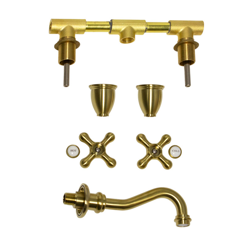 Fireclay Wallmount Bath Sink with Faucet, Drain and P-Trap Set, White/Gold