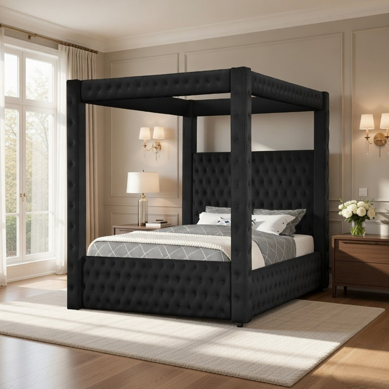 Bedroom Four - Poster King Bed In Modern Sense With Black Rich Velvet Headboard And For, Black, King